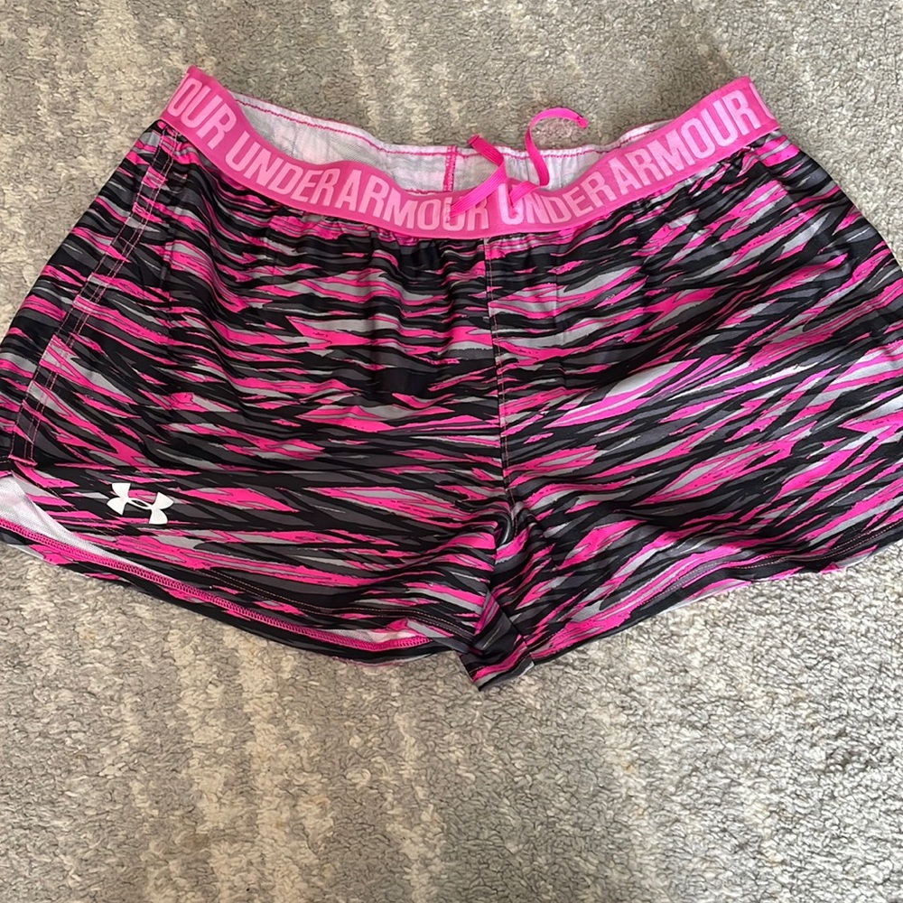 Pink black and grey UA running shorts